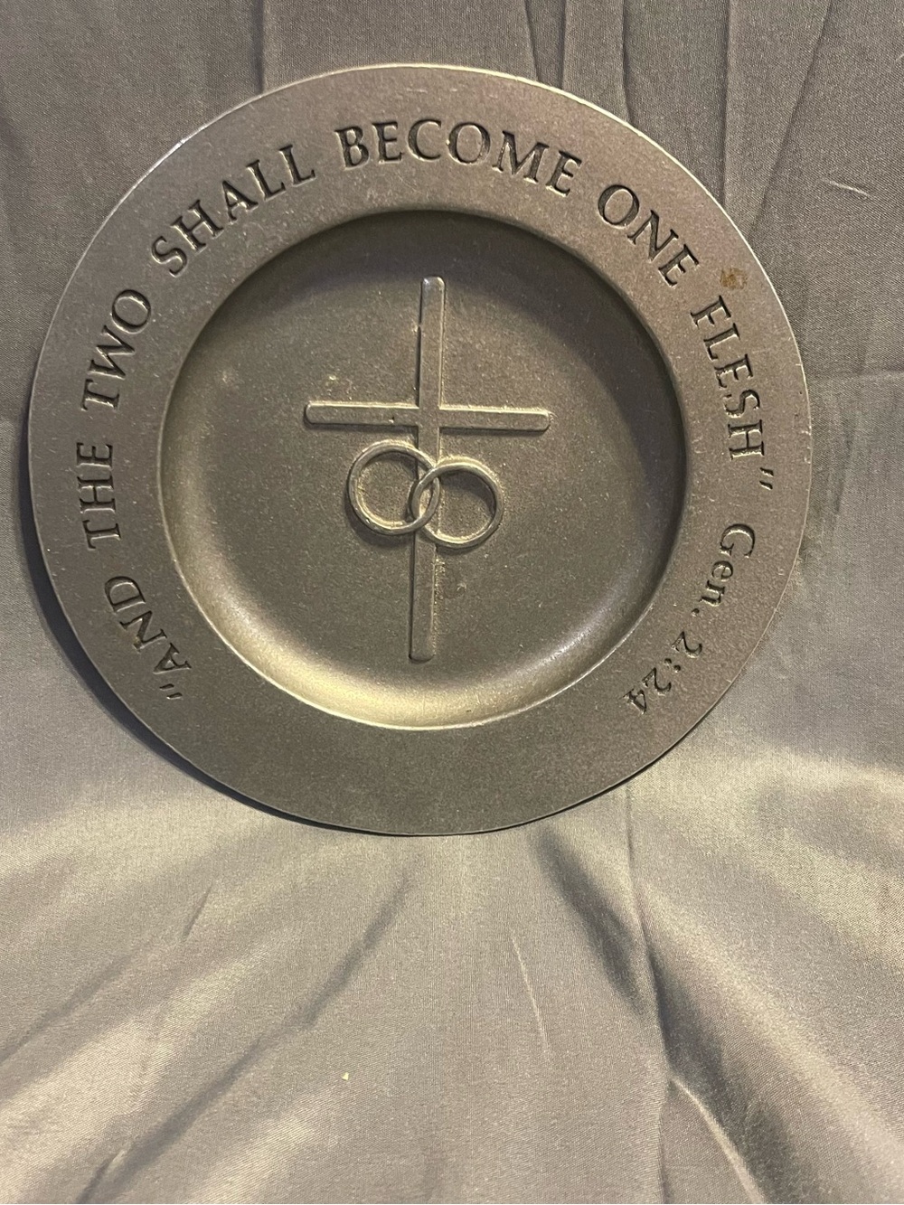 Pewter Marriage Plate "Two Shall Become One Flesh" Gen 2:24 Cross Rings Wedding